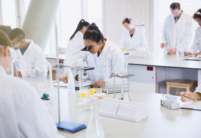 A room full of researchers working at lab tables. A young woman looks into a microscope.